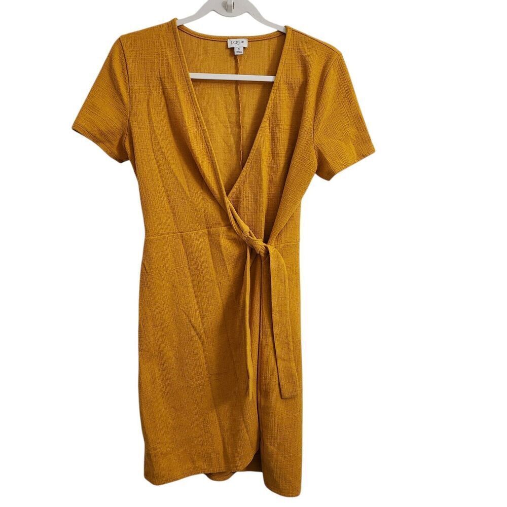 J. Crew Wrap Dress Womens Small Yellow Mustard Textured Knit Short Sleeve V-Neck